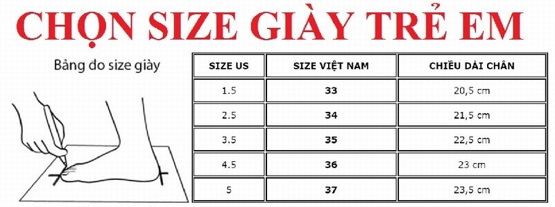 Bảng size giày trẻ em và cách sử dụng theo từng độ tuổi